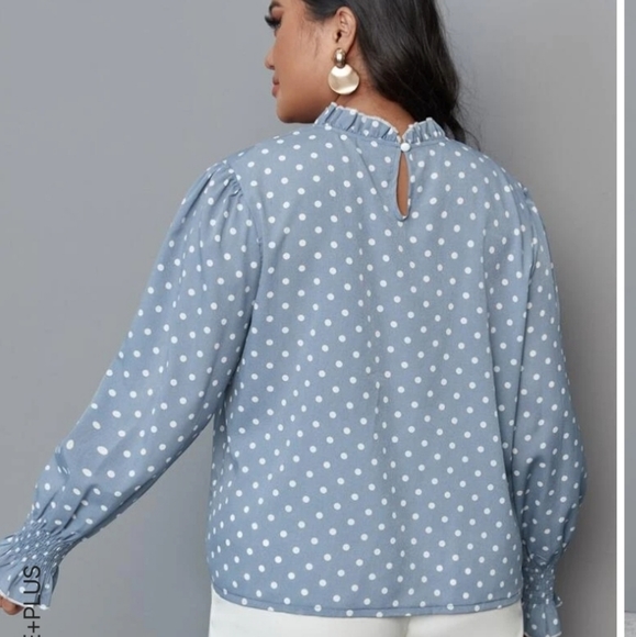 Plus Polka Dot Frill Trim Lantern Sleeve Blouse - Picture 3 of 3